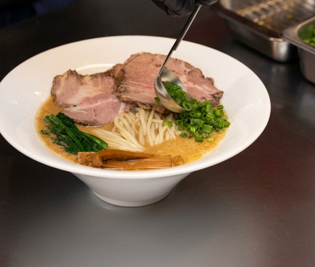 A spoon dropping vibrant chopped green scallions into a bowl of miso ramen.