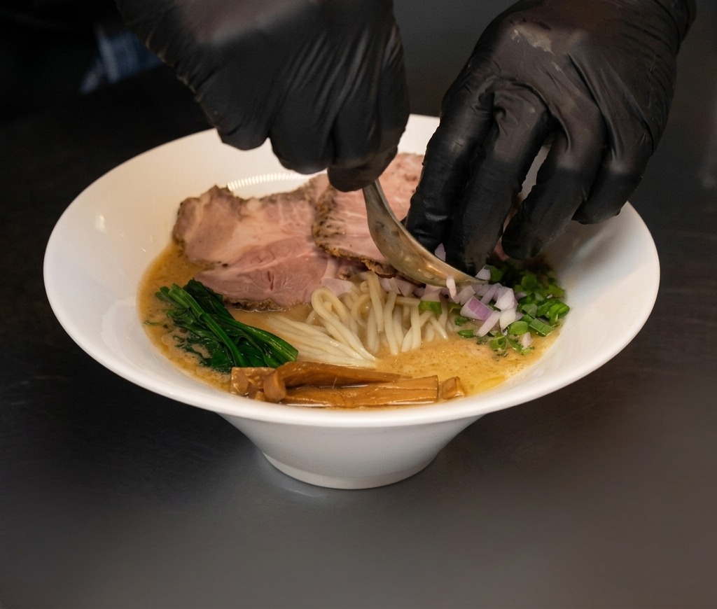 Spooning finely diced red onions into a garnished bowl of ramen.