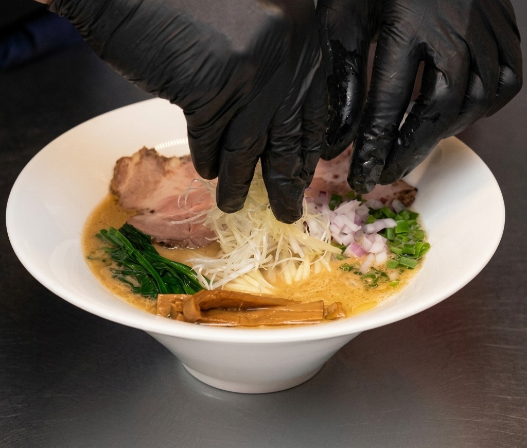 Two black-gloved hands placing a tall mound of shredded white leeks in the center of a fully garnished ramen bowl.