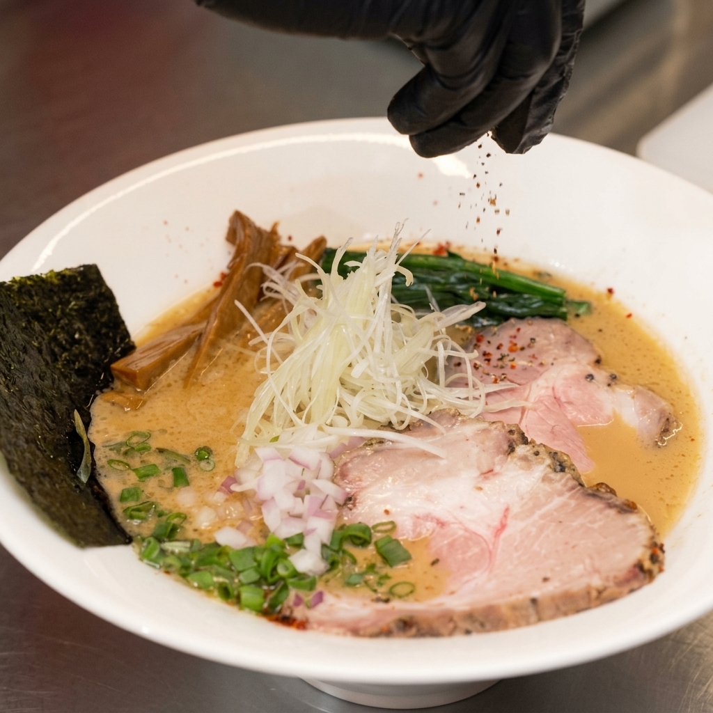 A black-gloved hand sprinkling red chili powder over a finished bowl of miso ramen topped with chashu, scallions, red onions, and bamboo shoots.