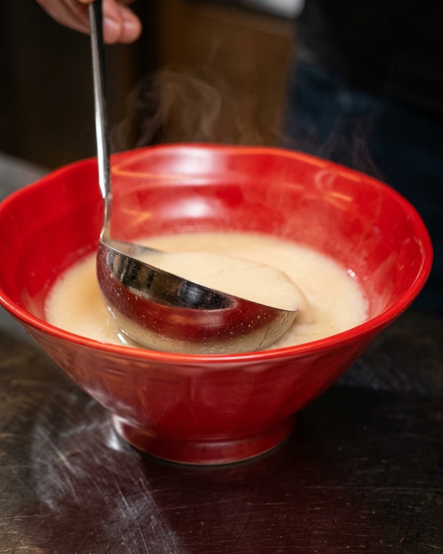 Creamy pork bone broth being poured into a red bowl from a stainless steel ladle.