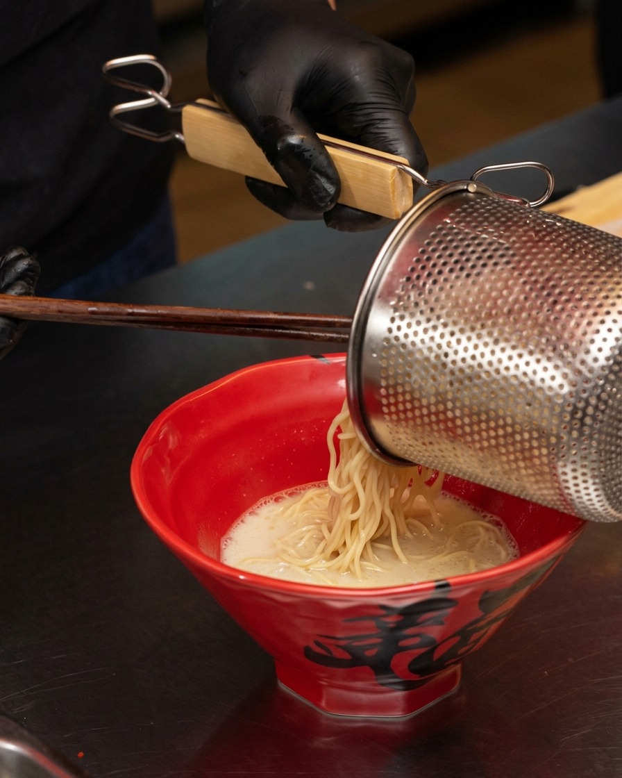 Cooked yellow ramen noodles being transferred from a metal noodle strainer into a bowl of hot broth.