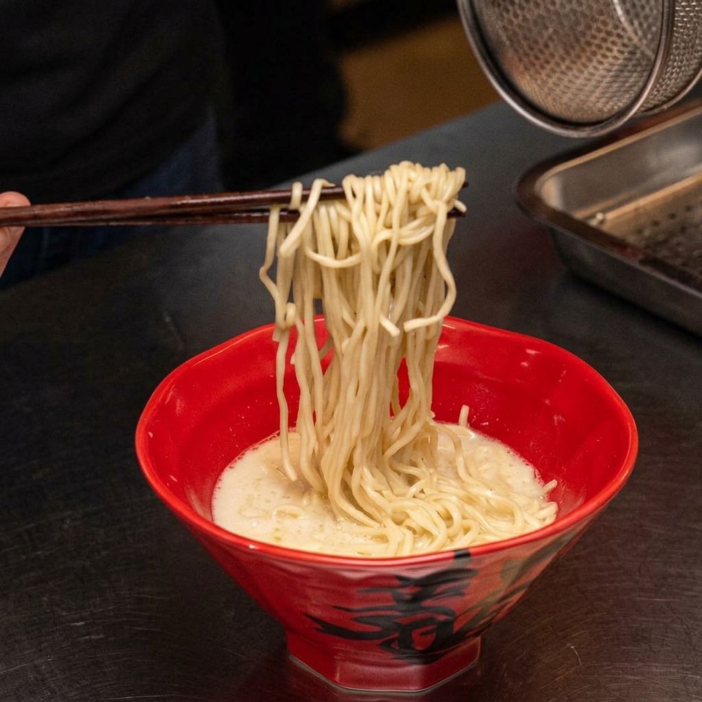 Chopsticks lifting and neatly arranging ramen noodles inside a red bowl filled with creamy broth.