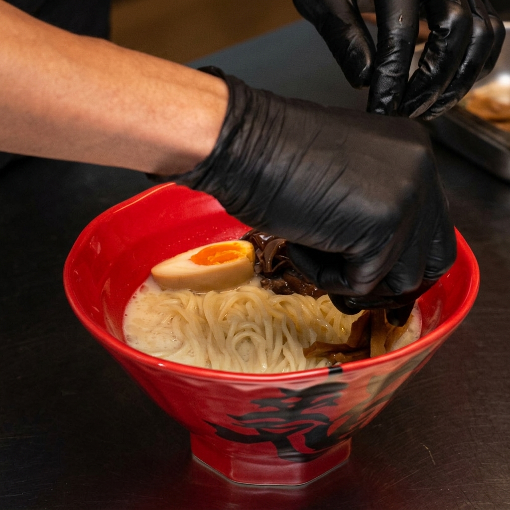 Black-gloved hands adding dried bamboo shoots to a garnished bowl of ramen.