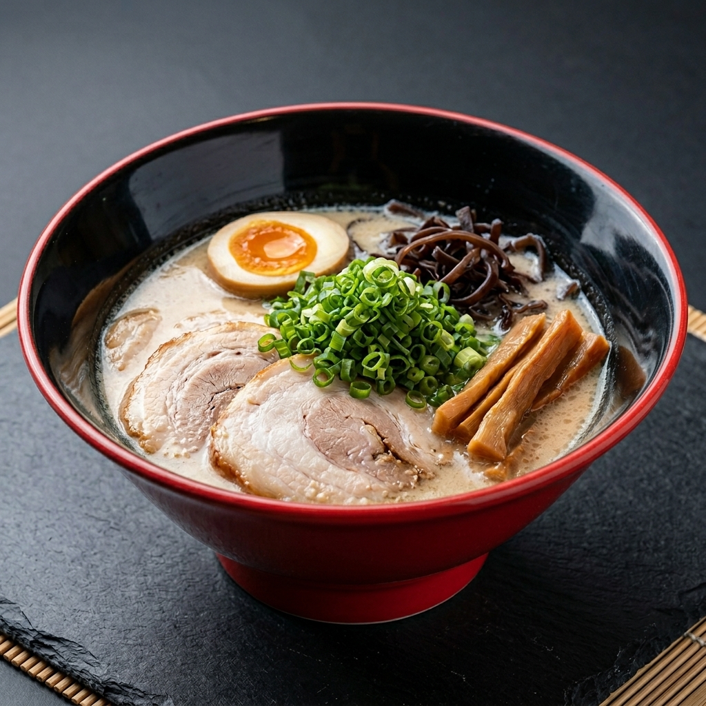 A bowl of miso ramen beautifully arranged with a generous mound of chopped green scallions in the center.