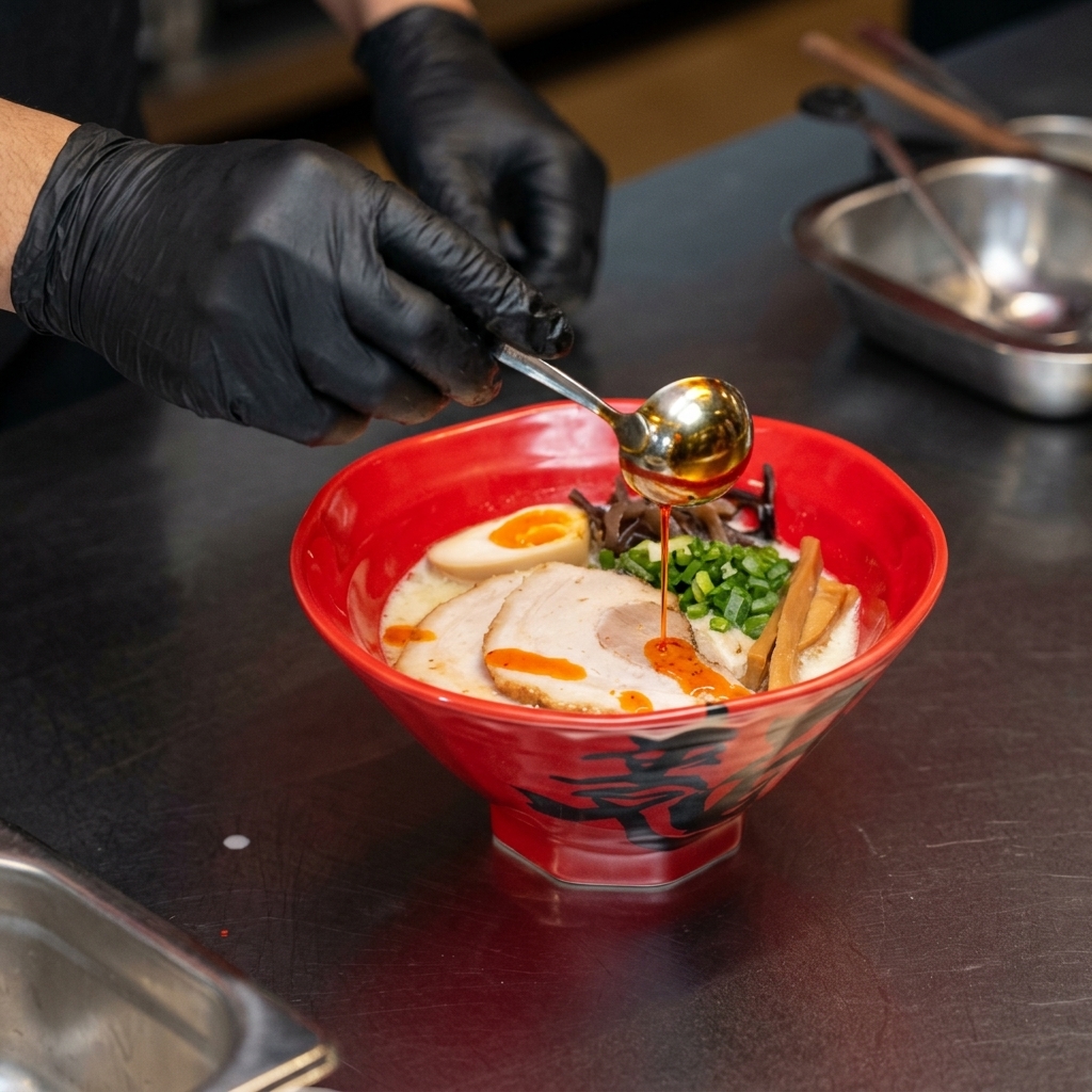 Drizzling bright red chili oil from a small metal ladle over a bowl of ramen.