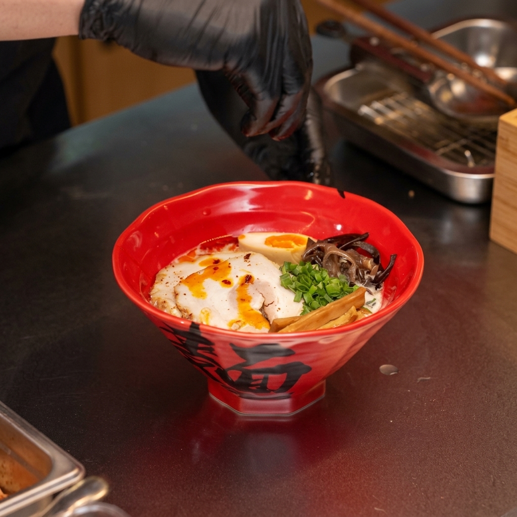 Gloved fingers sprinkling red chili powder over a finished bowl of ramen.