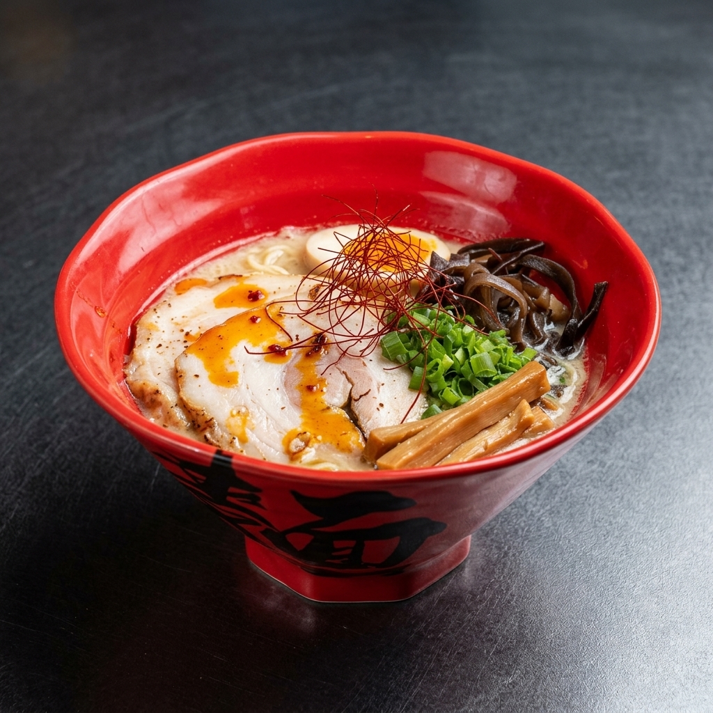 Delicate red chili threads resting on top of chopped scallions in a bowl of ramen.