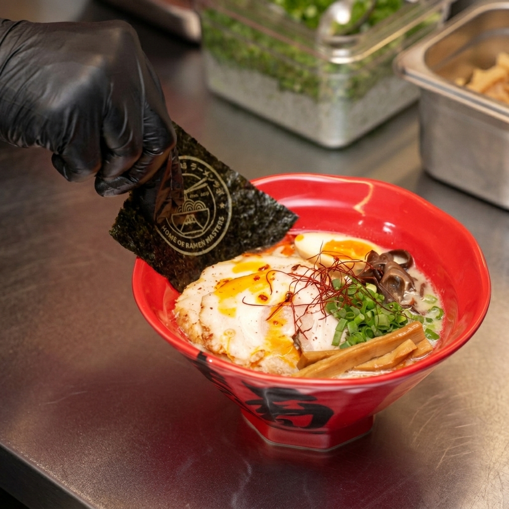 A gloved hand tucking a square piece of dark green seaweed into the edge of a red bowl filled with hot miso ramen and toppings.