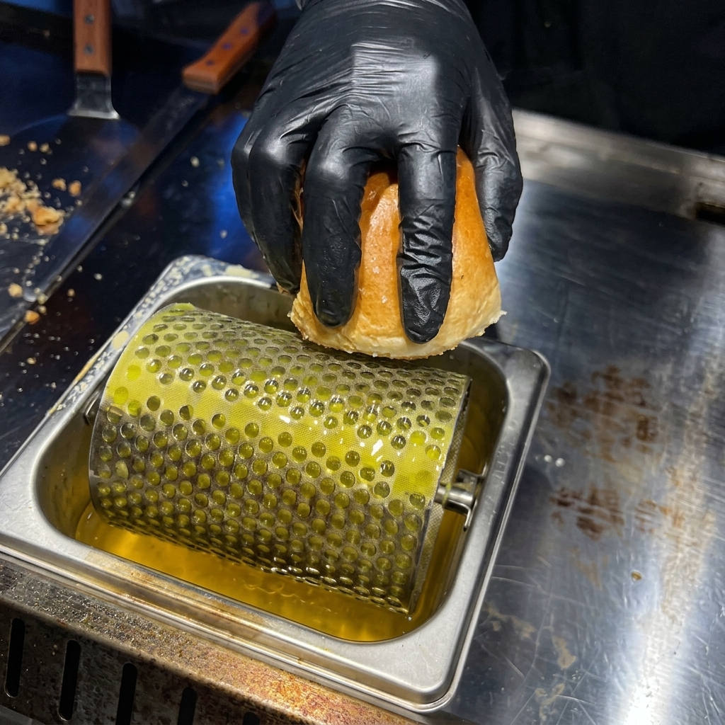 A gloved hand pressing a cut hamburger bun onto a perforated metal butter roller in a tray of melted butter.