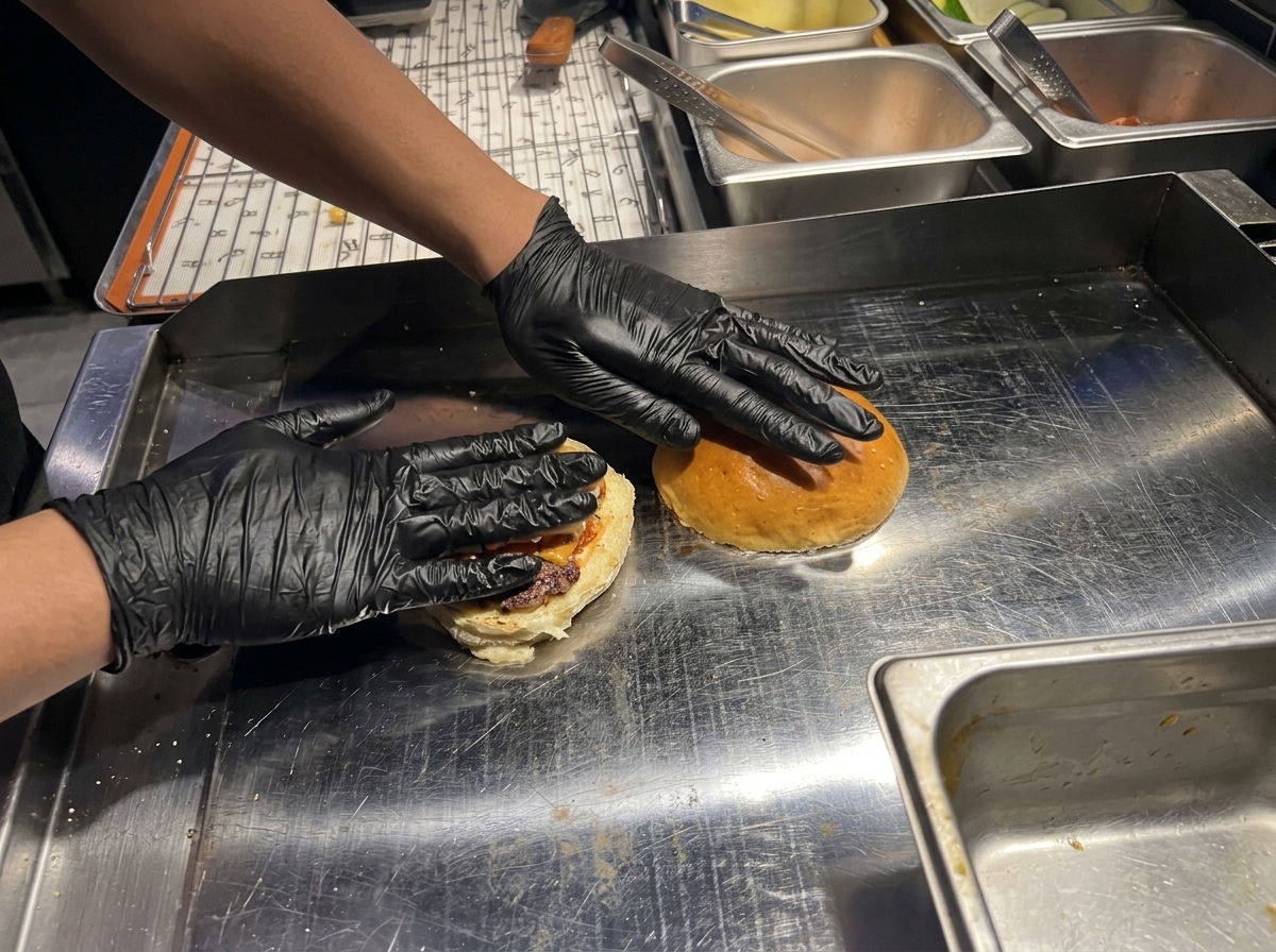 Two buttered hamburger bun halves being pressed flat onto a hot griddle to toast.