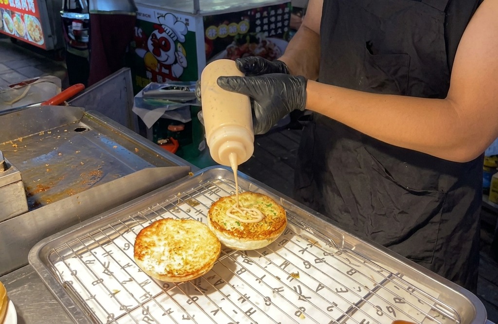 Squeezing a pale orange burger sauce from a plastic bottle onto the toasted cut sides of two bun halves.