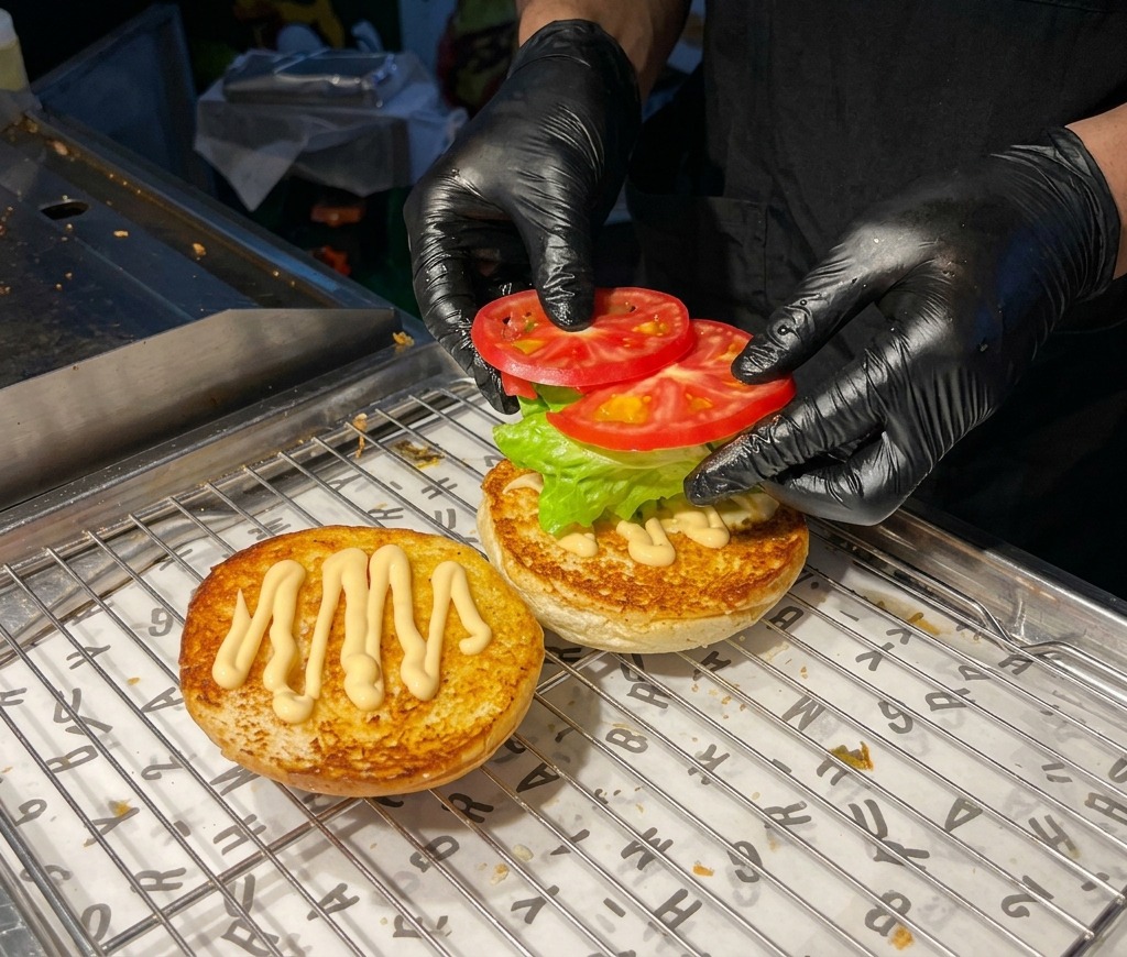 Hands wearing black gloves placing two red tomato slices on top of green lettuce covering a toasted burger bun drizzled with a creamy sauce.
