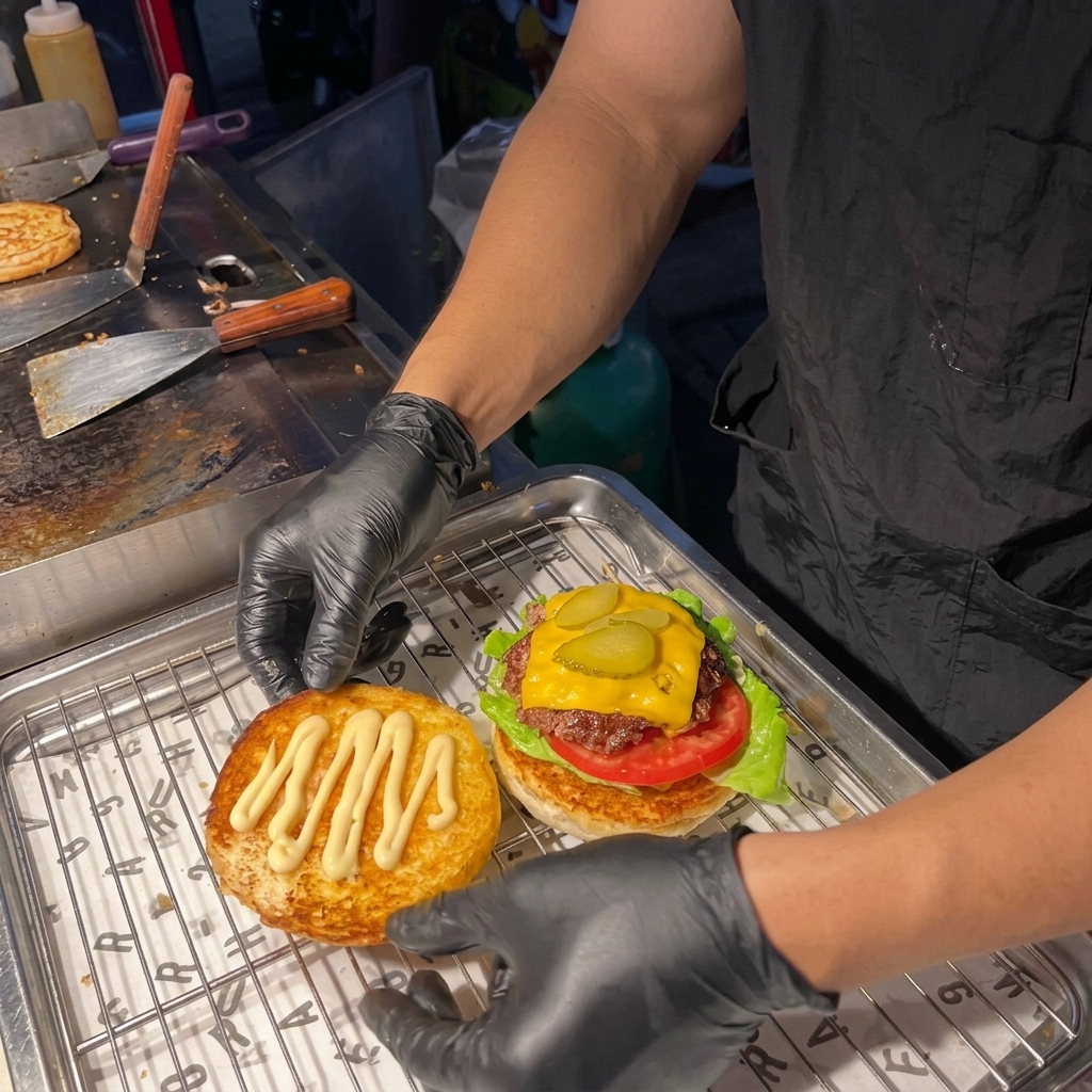 Hands placing the toasted top bun onto a fully assembled classic American burger on a wire rack.
