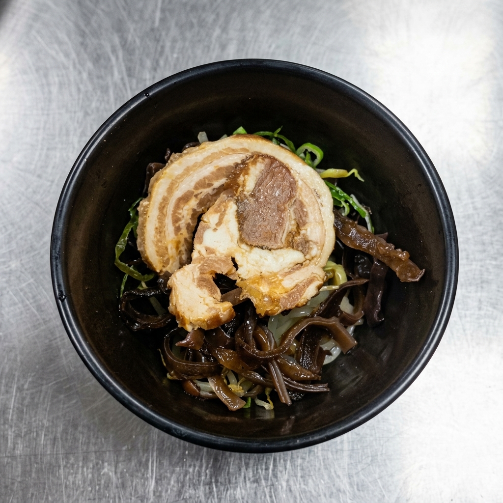 A black bowl holding a slice of chashu pork, dark shredded kelp, and fresh bean sprouts.