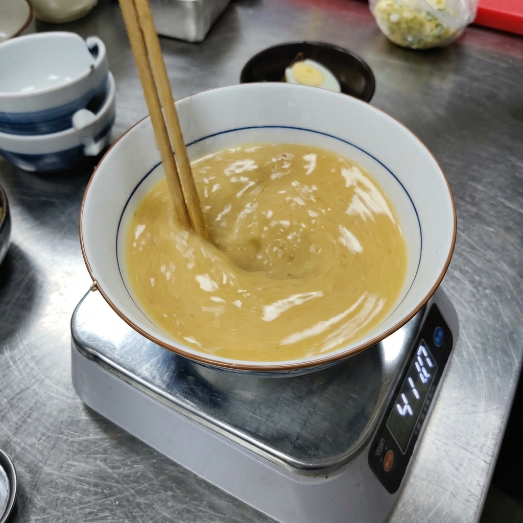 Chopsticks stirring yellow miso paste and hot broth together inside a patterned serving bowl on a digital scale.