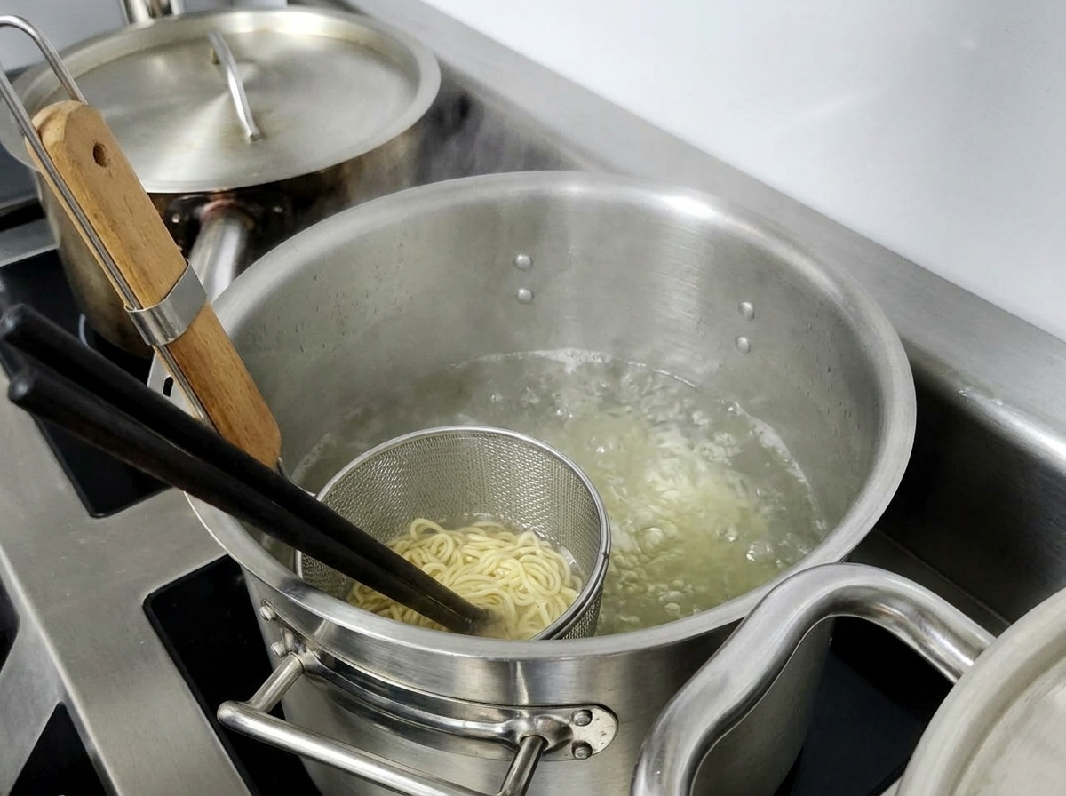 Ramen noodles boiling inside a cylindrical metal strainer basket submerged in a large pot of bubbling water.