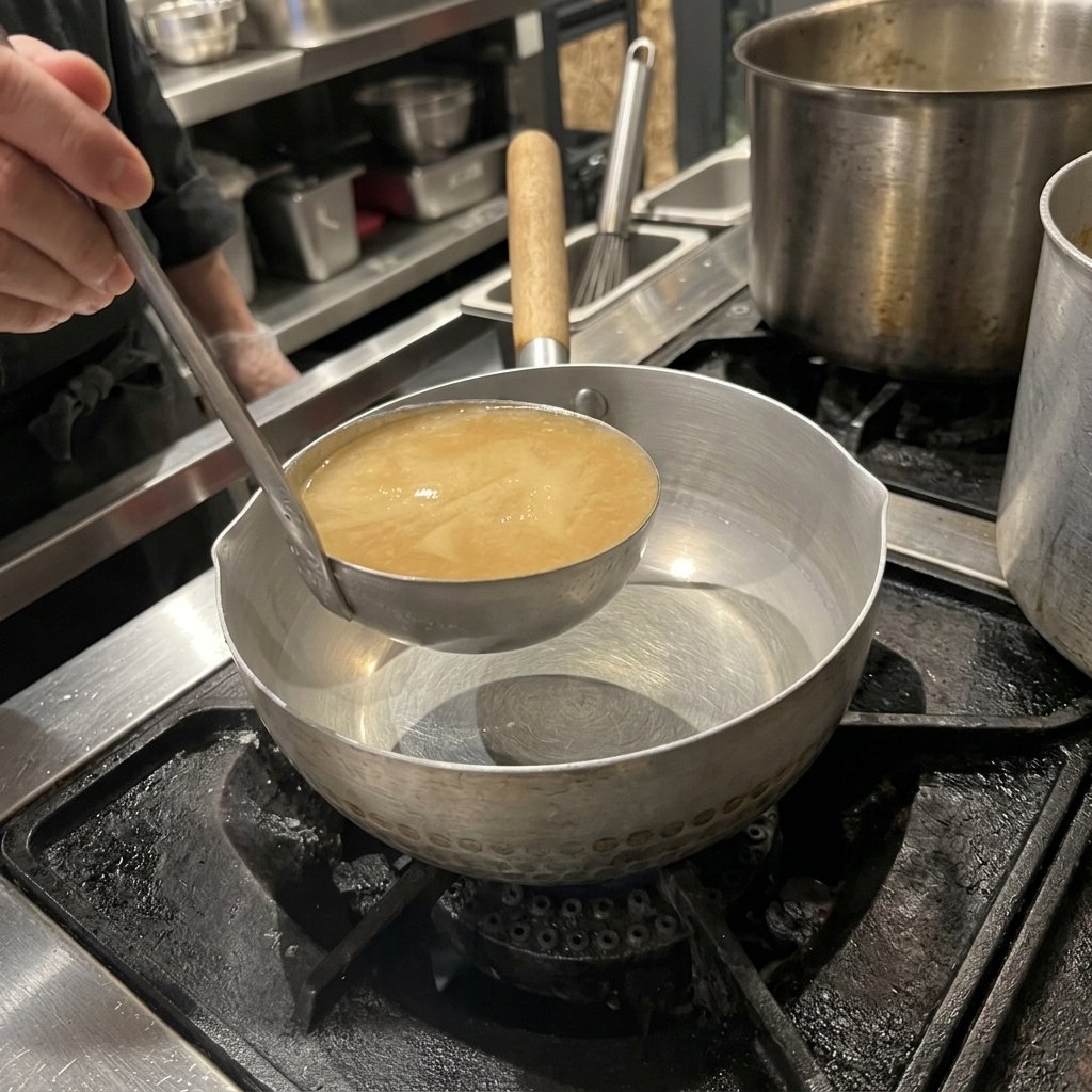 A ladle pouring opaque pork bone broth into a small metal saucepan on a stovetop.