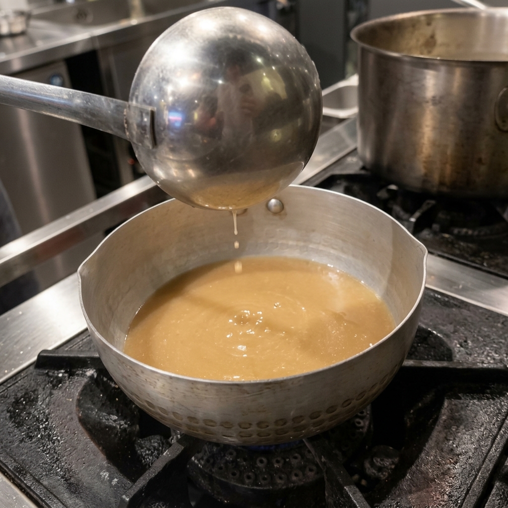 A metal ladle pouring dark liquid seasoning into a pot of broth.