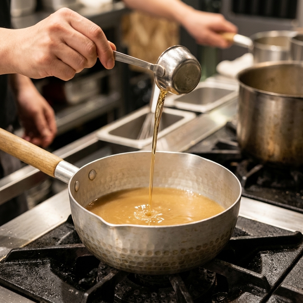 Hand pouring a dark liquid seasoning from a small stainless steel measuring cup into a simmering pot of broth.