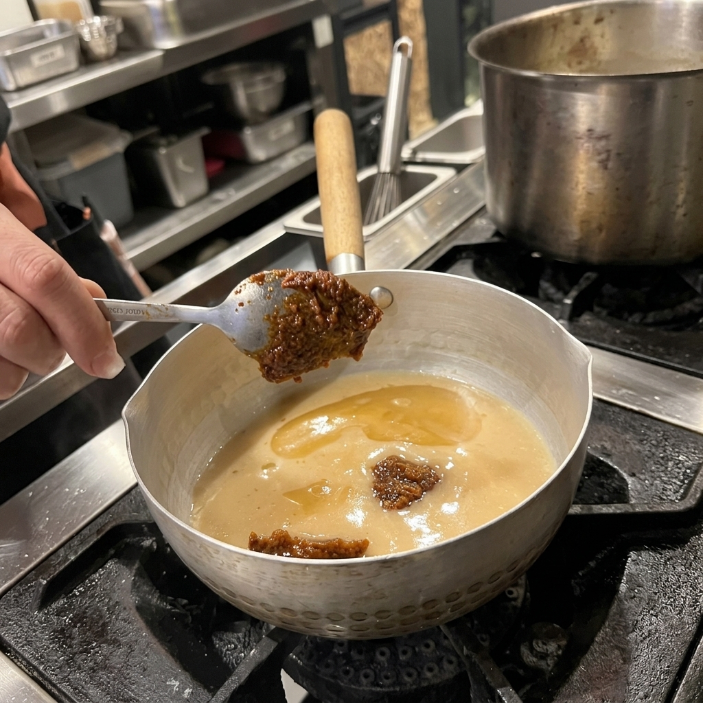 A metal spoon holding a dollop of thick, brown miso paste over a pot of seasoned broth.