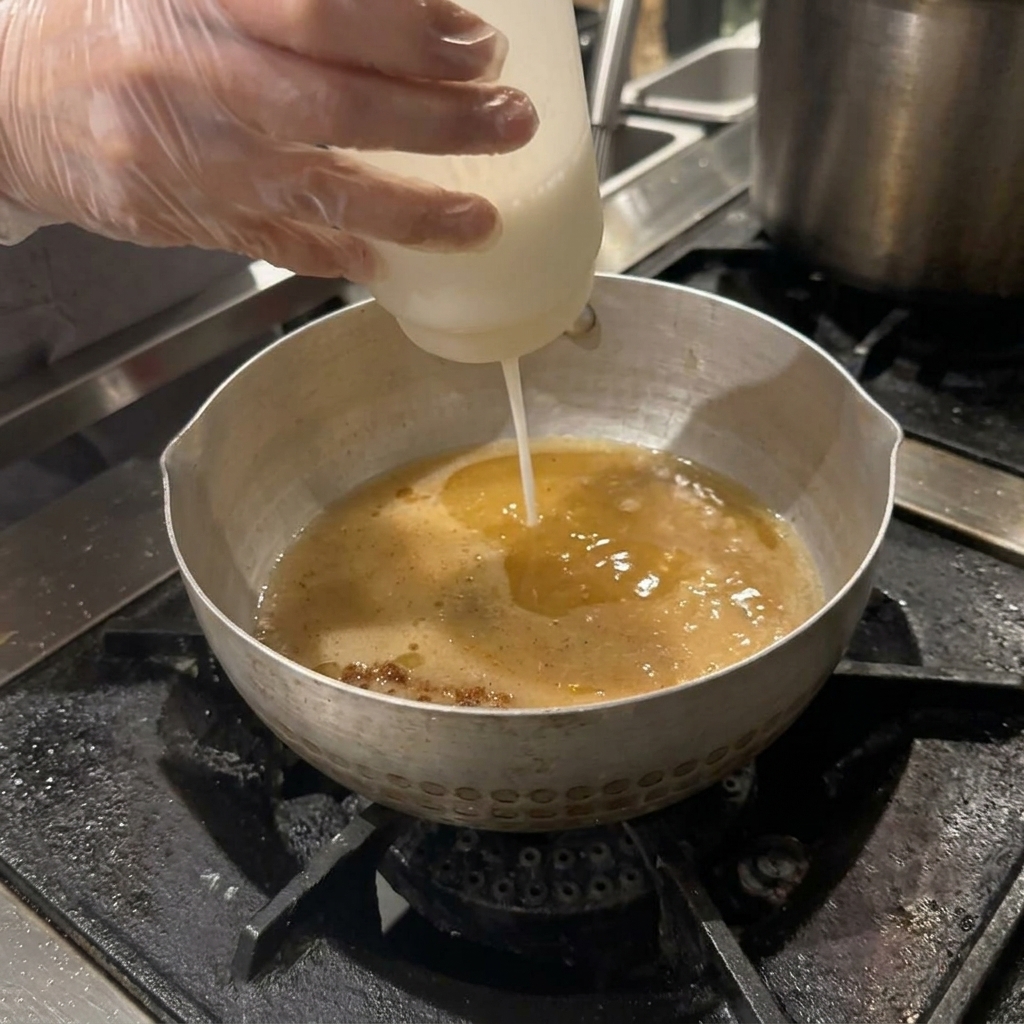 A gloved hand squeezing a white liquid emulsion from a plastic bottle into a pot of ramen broth.