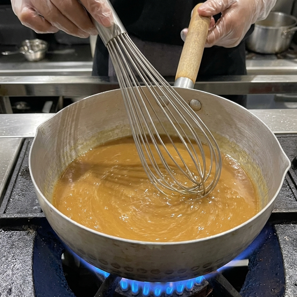 A metal whisk vigorously stirring a brown miso broth inside a metal pot over a gas stove flame.