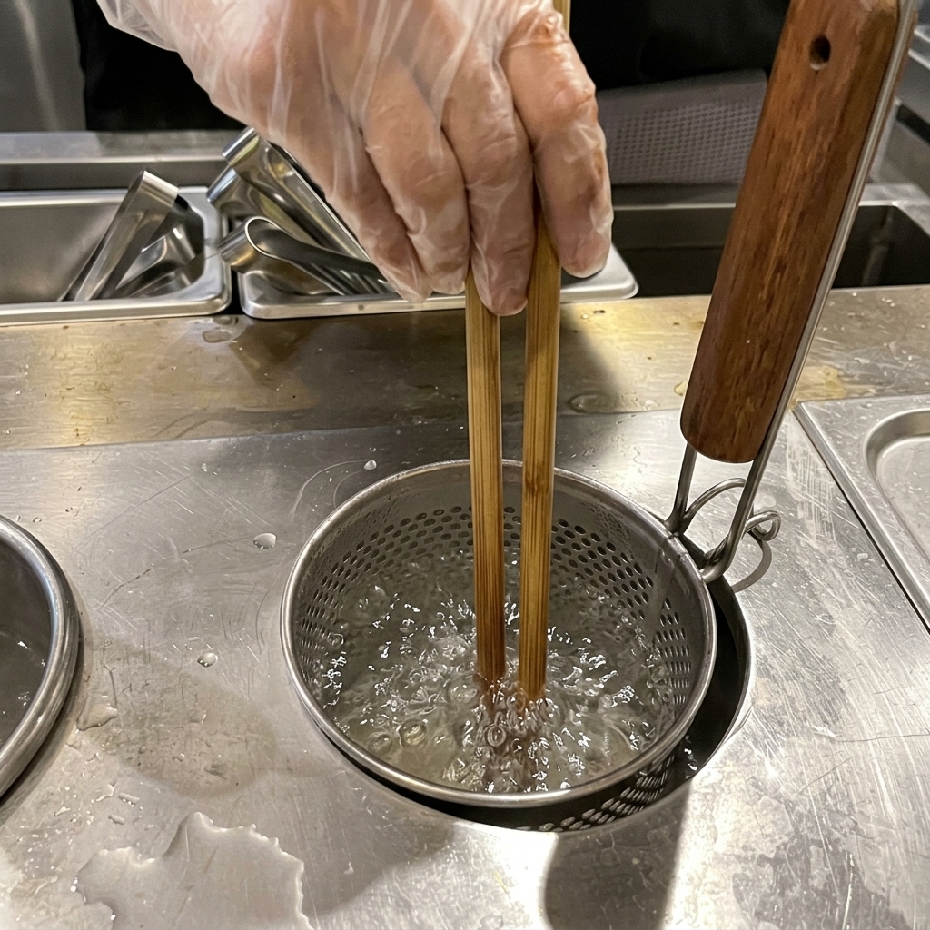 Wooden chopsticks separating thin ramen noodles inside a metal strainer basket submerged in a pot of rapidly boiling water.