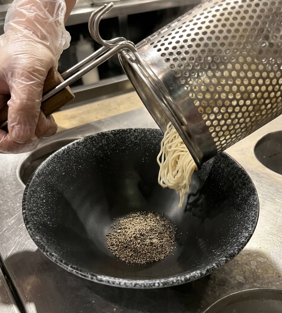 A hand in a plastic glove holding a metal noodle strainer, pouring cooked ramen noodles into a black ceramic bowl containing dry seasoning.