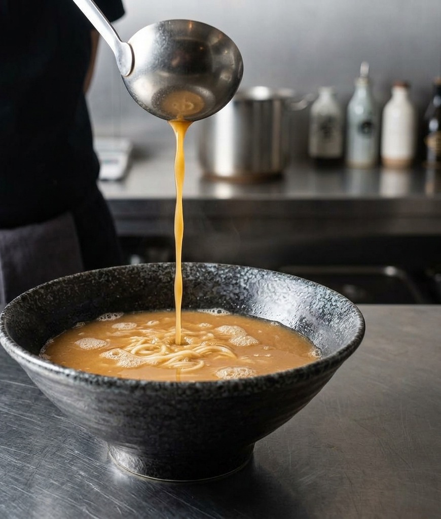 A metal ladle pouring steaming brown miso broth over cooked ramen noodles in a dark, textured ceramic bowl.