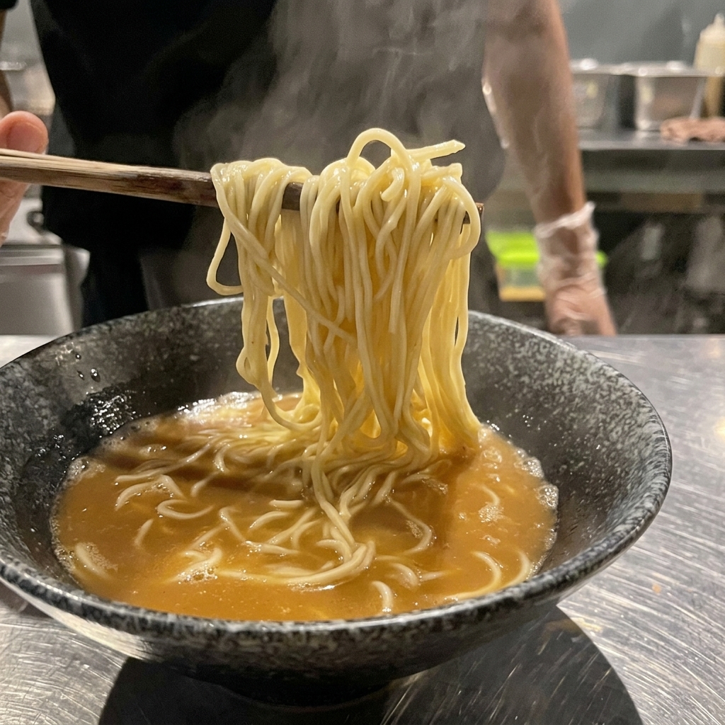 Wooden chopsticks lifting and folding a bundle of ramen noodles inside a bowl of steaming broth.