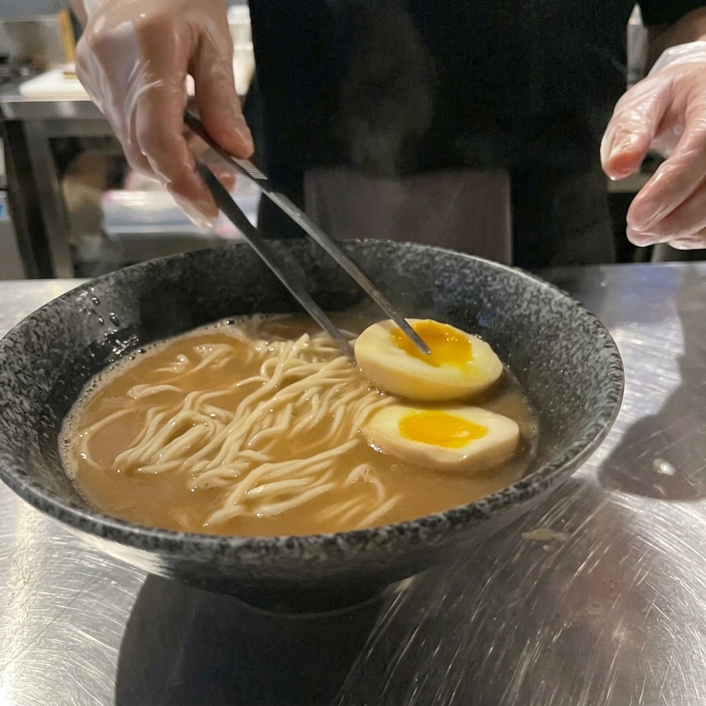 Metal tongs carefully placing a halved soft-boiled egg with a bright orange, jammy yolk into a bowl of prepared miso ramen.