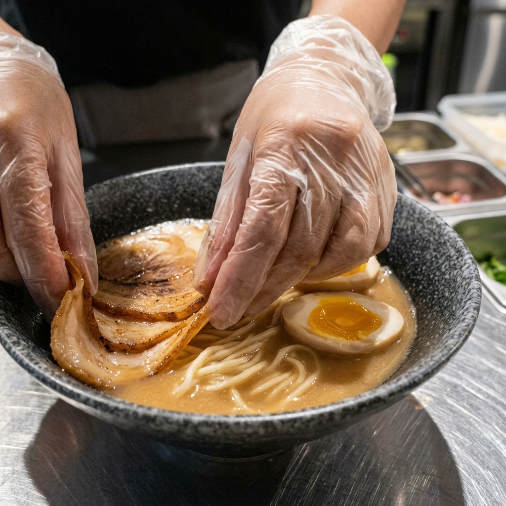 Hands wearing clear plastic gloves placing slices of roasted chashu pork belly into a bowl of Japanese miso ramen.