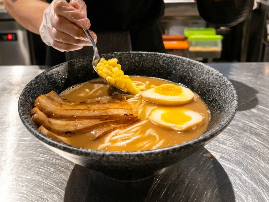 A spoonful of bright yellow sweet corn kernels being carefully added to a steaming bowl of miso ramen.