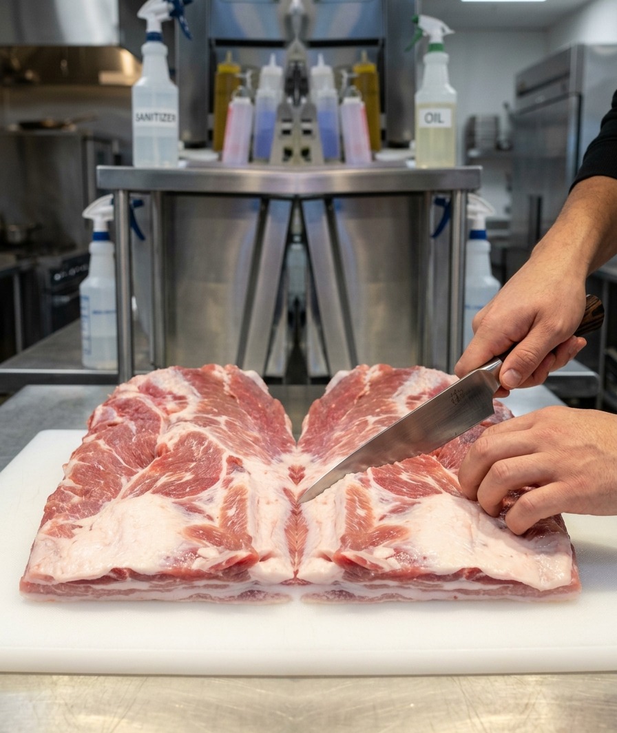 A chef cutting a thick piece of marbled pork belly in half vertically on a white cutting board in a professional kitchen.