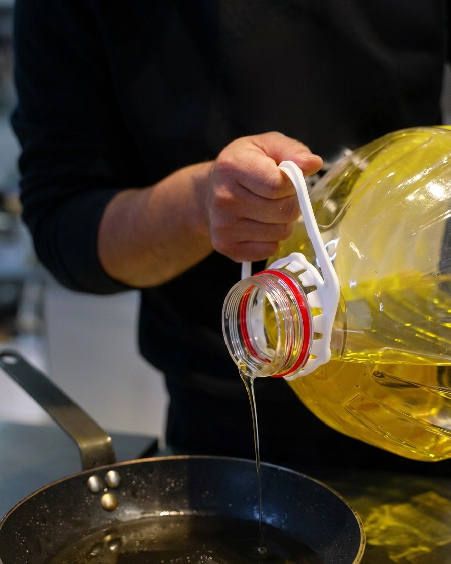 Clear cooking oil being poured from a large plastic jug into a dark frying pan.