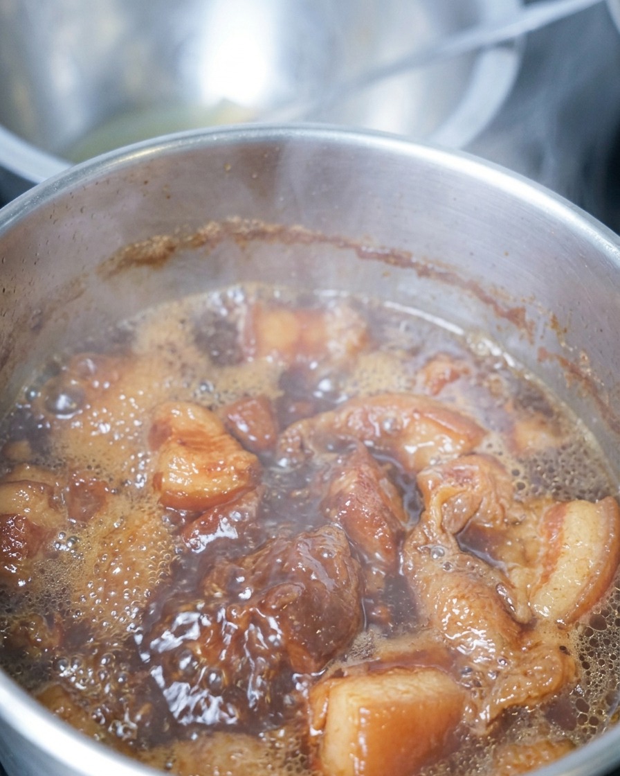 Rolled pork belly chunks simmering in a dark, bubbling braising liquid in a metal pot.