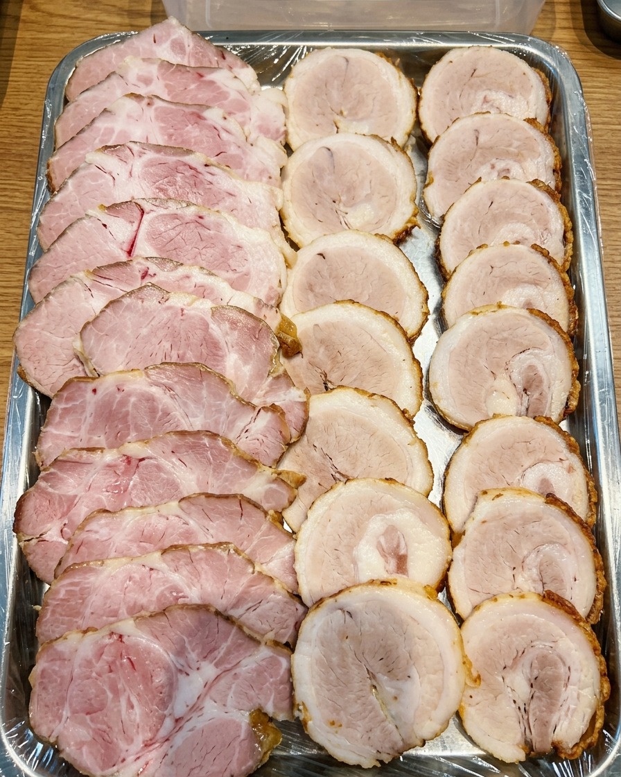 Thinly sliced, circular pieces of cooked chashu pork arranged neatly on a metal tray.