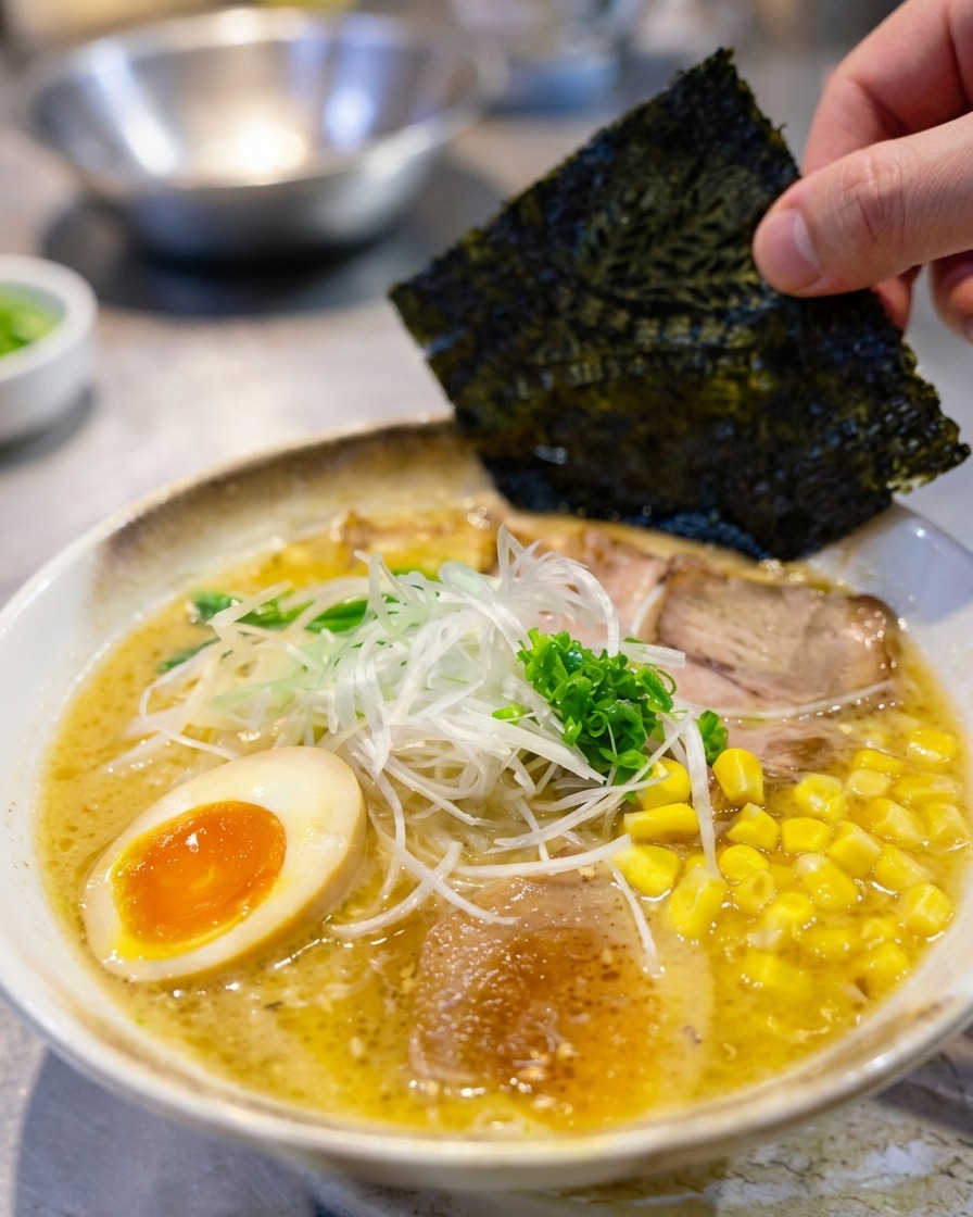 A hand placing a sheet of nori seaweed into a finished bowl of miso ramen topped with chashu, a soft-boiled egg, scallions, and corn.