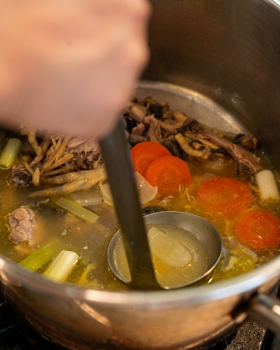 A metal ladle scooping clear, golden chicken broth from a large pot filled with cooked chicken parts and sliced carrots.