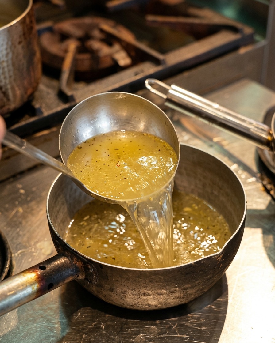 Pouring clear yellow chicken broth from a ladle into a small metal saucepan over a stove.