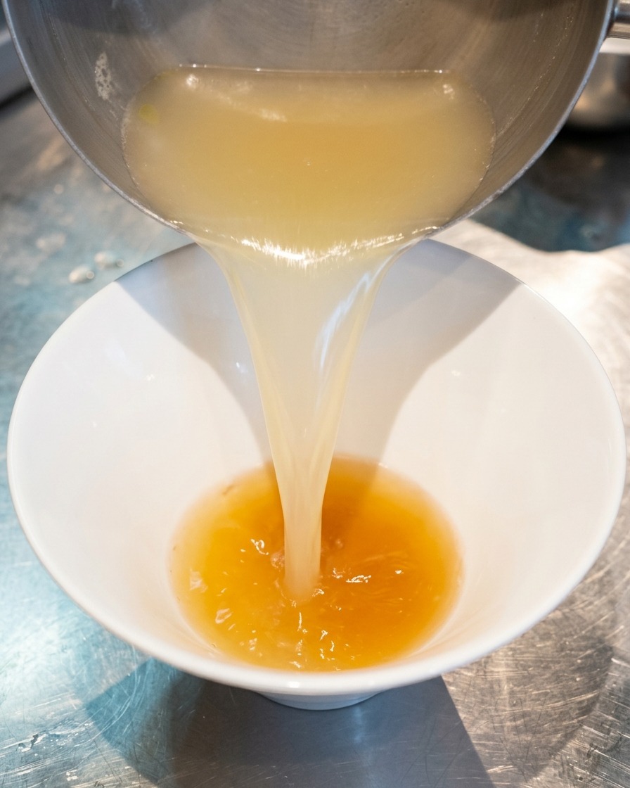 Steaming hot, clear chicken broth being poured from a saucepan into a white bowl, mixing with the golden tare at the bottom.