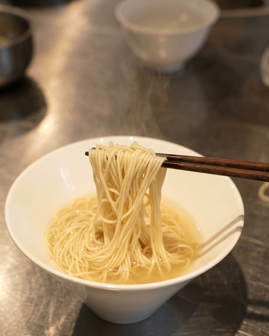 A pair of chopsticks lifting a bundle of thin ramen noodles from a white bowl filled with clear broth to fold them neatly.