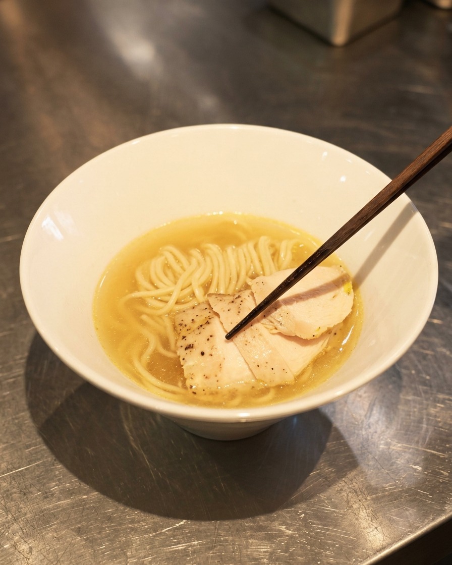 Chopsticks placing thin, tender slices of chicken chashu onto a bed of ramen noodles submerged in clear, amber-colored soup.