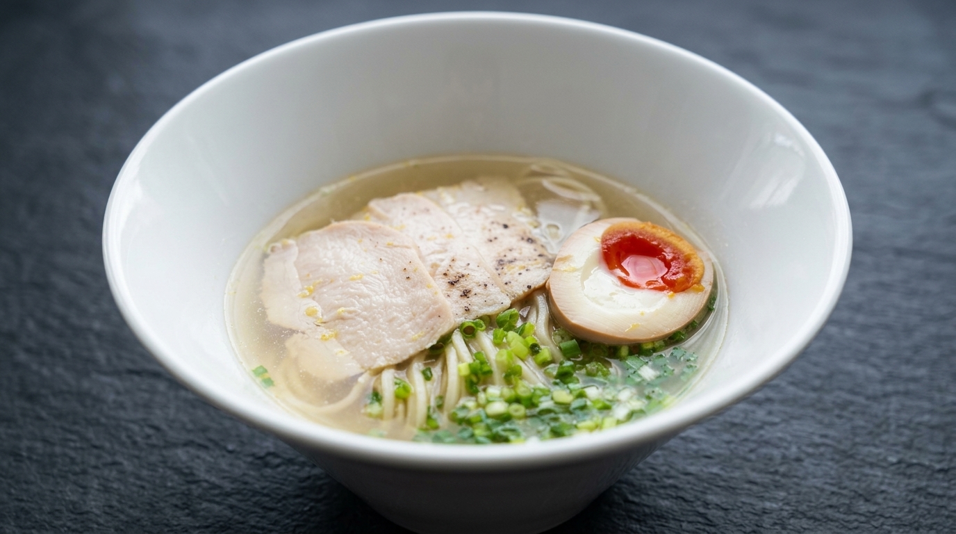 A bowl of Chicken Shio Ramen featuring clear golden broth, straight noodles, thin chicken chashu, and a jammy marinated egg.
