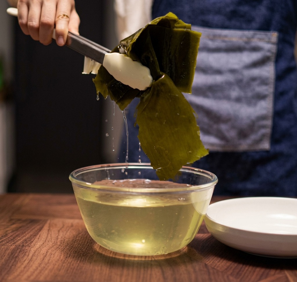 A pair of tongs lifting a large, hydrated piece of dark green kombu from a clear glass bowl filled with light yellow soaking water.