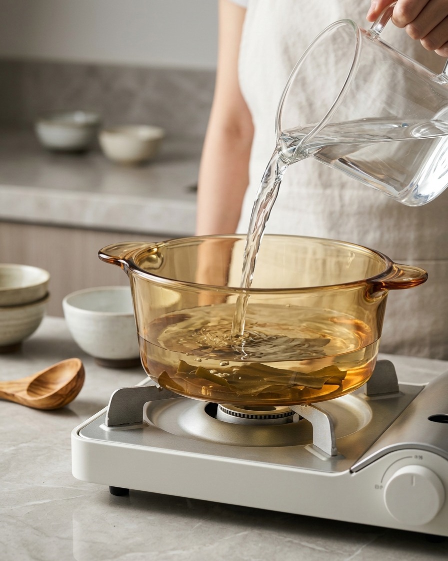 Yellowish water being poured from a glass pitcher into a transparent cooking pot containing pieces of kombu.