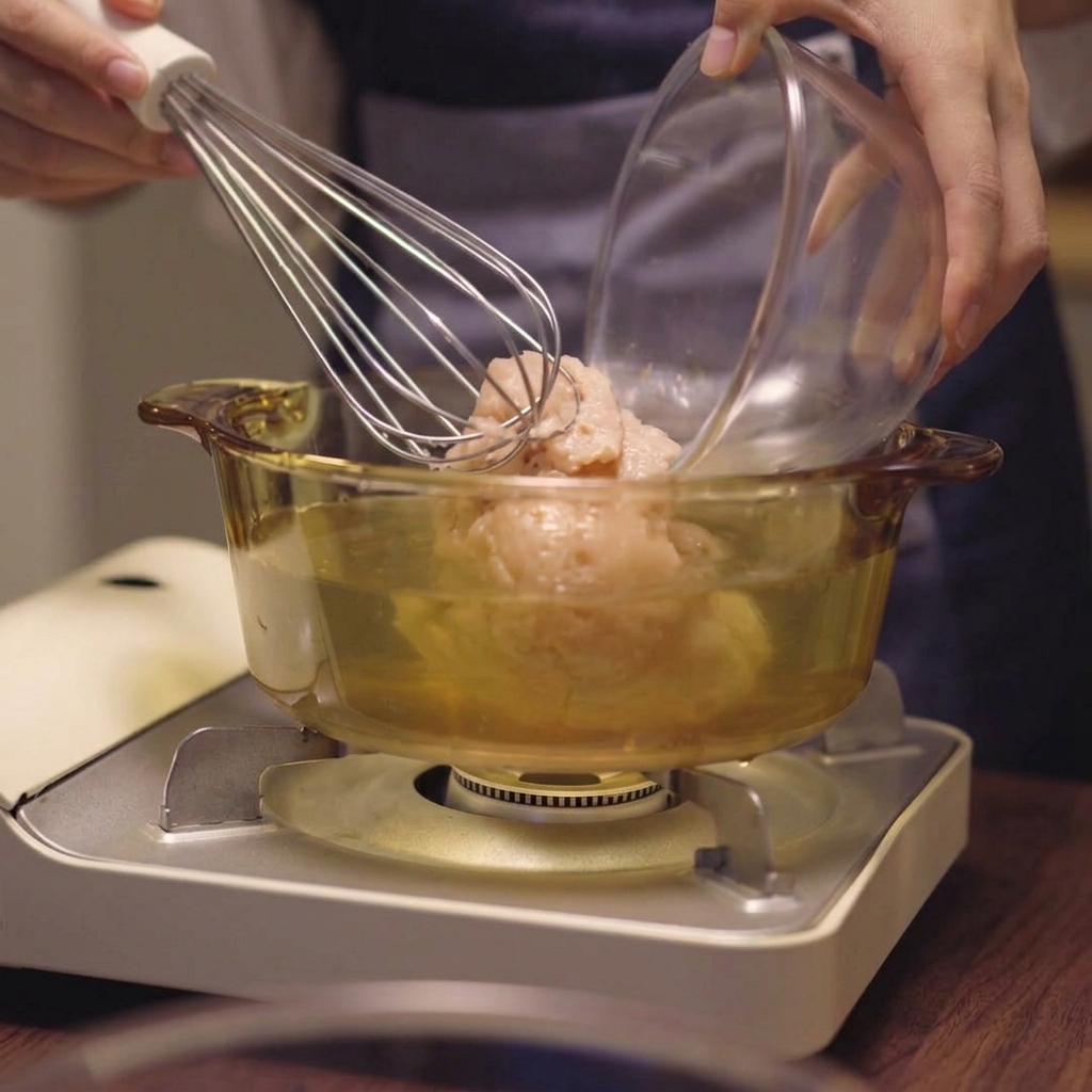 A hand using a whisk to break up a mound of raw minced chicken breast inside a glass pot filled with liquid.
