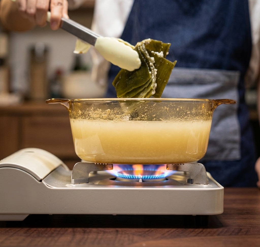 Tongs lifting a large piece of cooked kombu out of a glass pot filled with steaming, light-colored ramen broth.