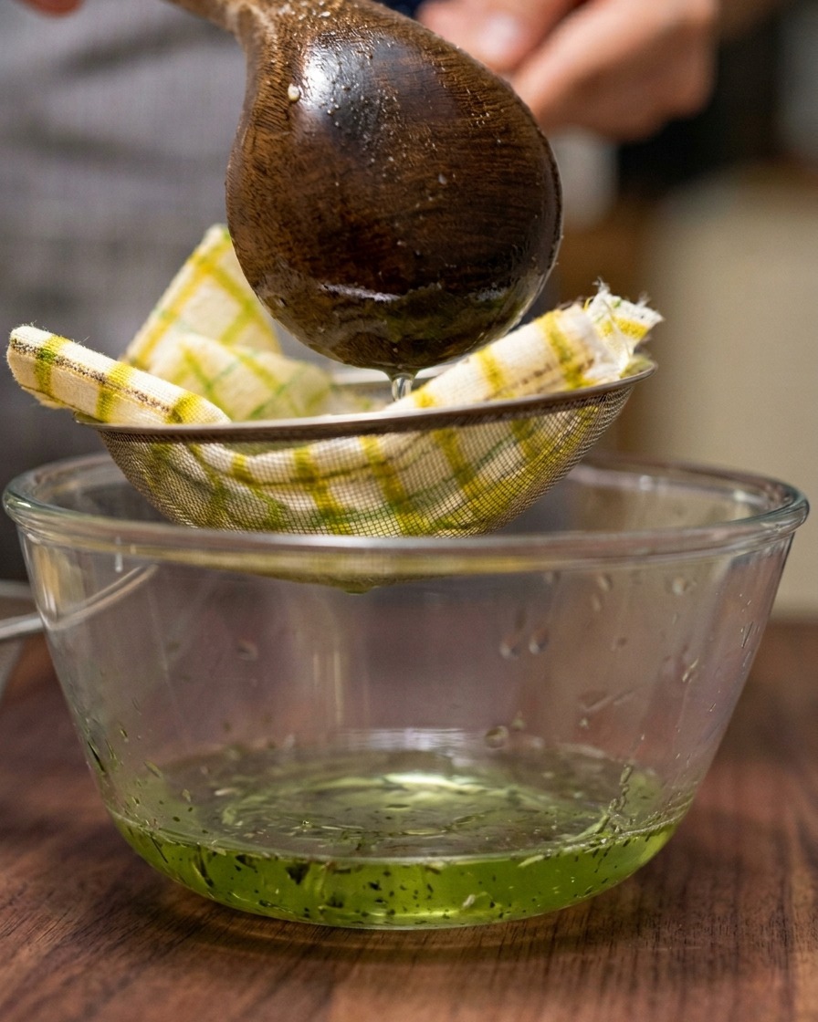 Golden ramen broth being filtered through a cloth-lined sieve into a glass bowl.